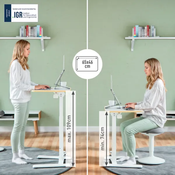 Samme person men en stående og en sittene ved ett Leitz heve-senk bord