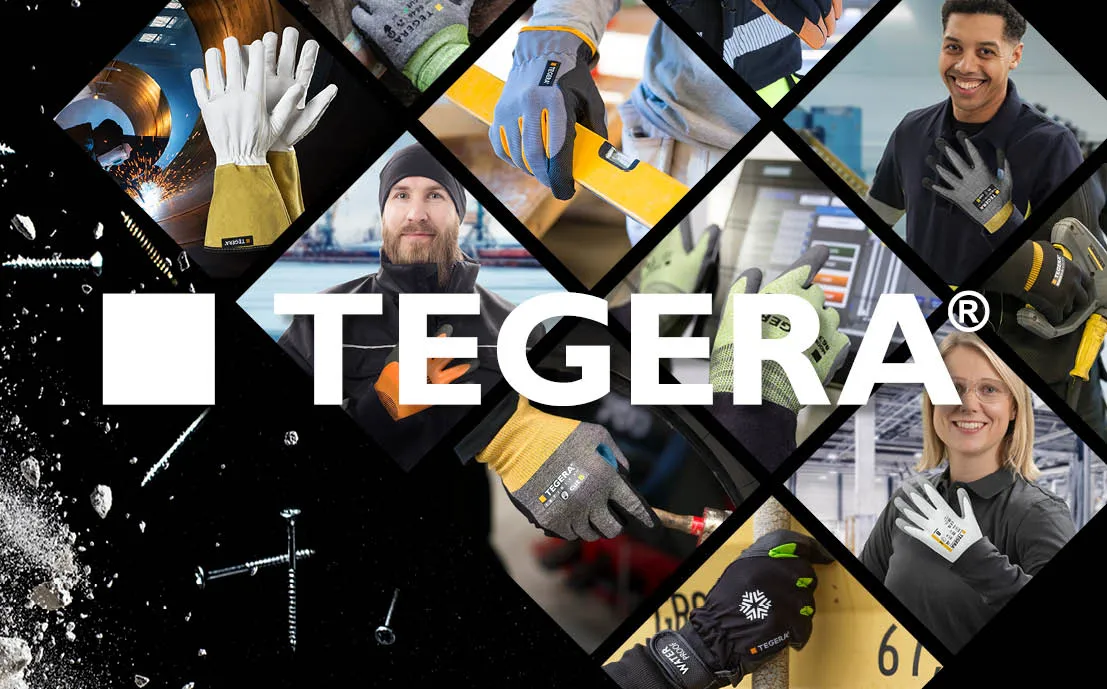 En collage med diverse bilder av hansker og TEGERA logo 