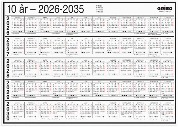 Platekalender GRIEG A4 10 år 2026-2035