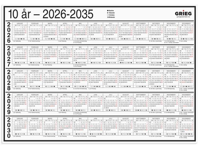 Platekalender GRIEG A4 10 år 2026-2035
