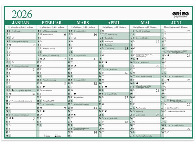 Platekalender GRIEG A4 2026 enkel