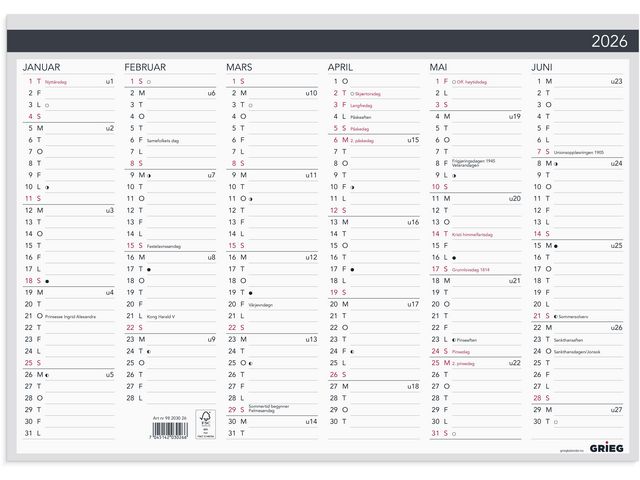 Platekalender Elegant GRIEG 2026 A3