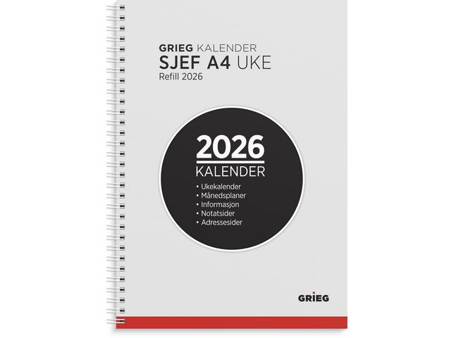 Sjefskalender GRIEG A4 2026 refill