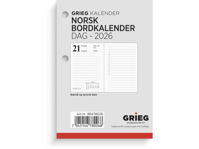 Bordkalender GRIEG 2026 Norsk