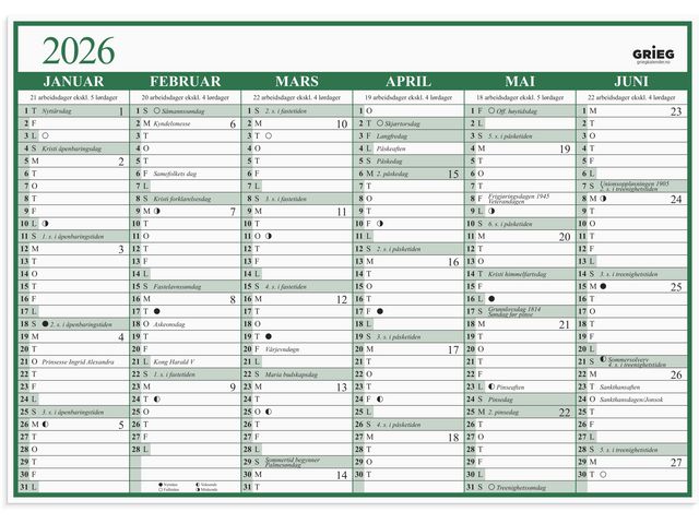 Platekalender GRIEG A3 2026 enkel
