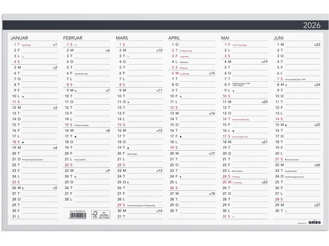 Platekalender Elegant GRIEG 2026 60x40cm