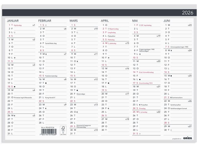 Platekalender Elegant GRIEG 2026 A4