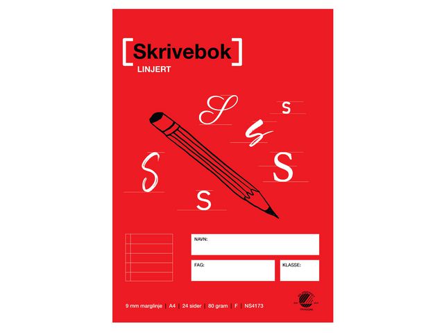 Skrivebok A4 80g 24bl 9mm marglinje