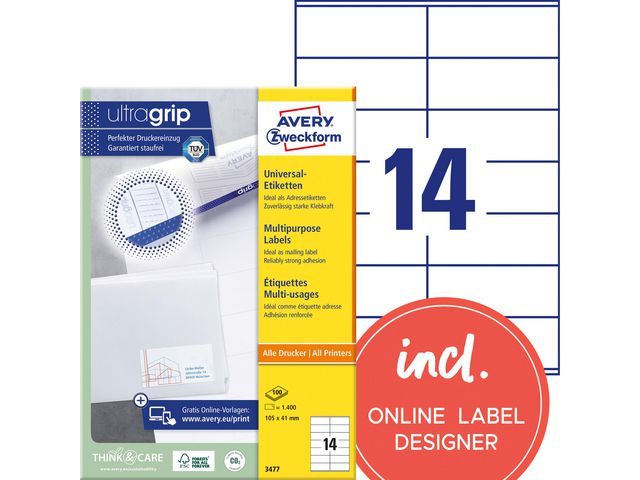 Etikett AVERY Ultragrip 105x41mm (1400)