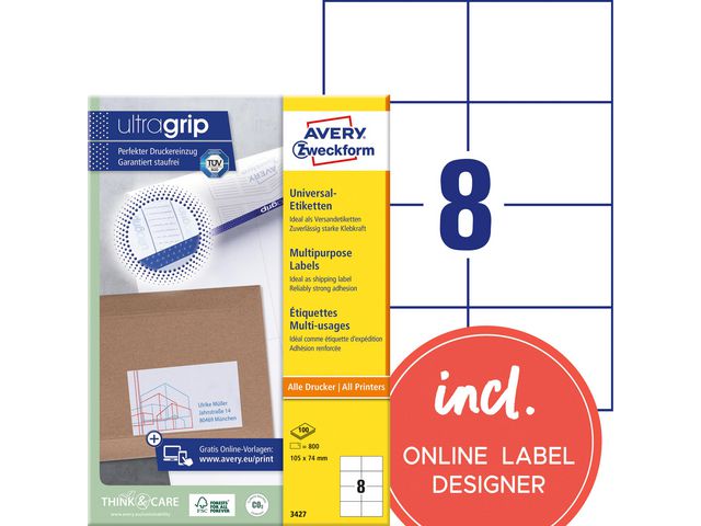 Etikett AVERY Ultragrip 105x74mm (800)
