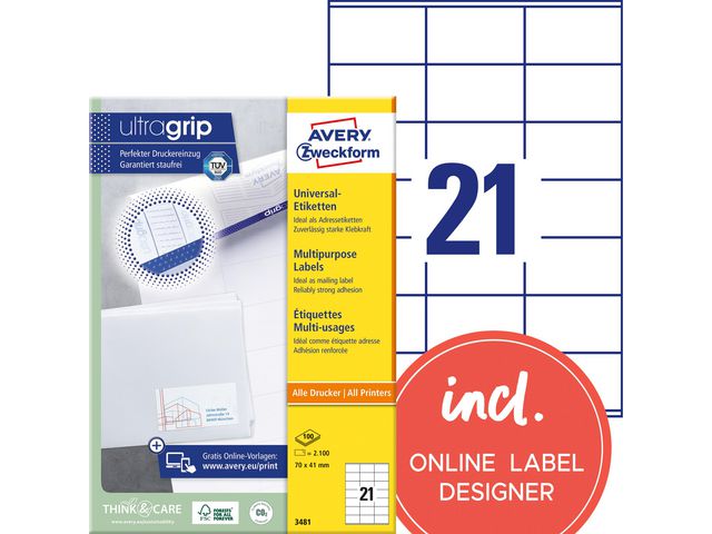 Etikett AVERY Ultragrip 70x41mm (2100)