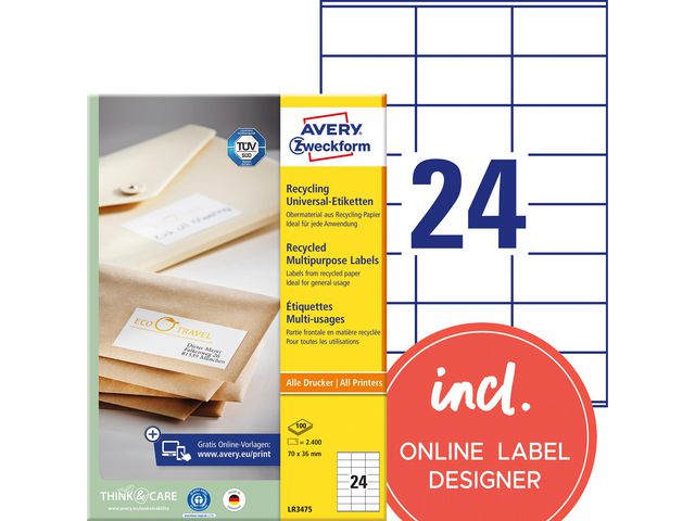 Etikett AVERY resirkulert 70x36mm (2400)
